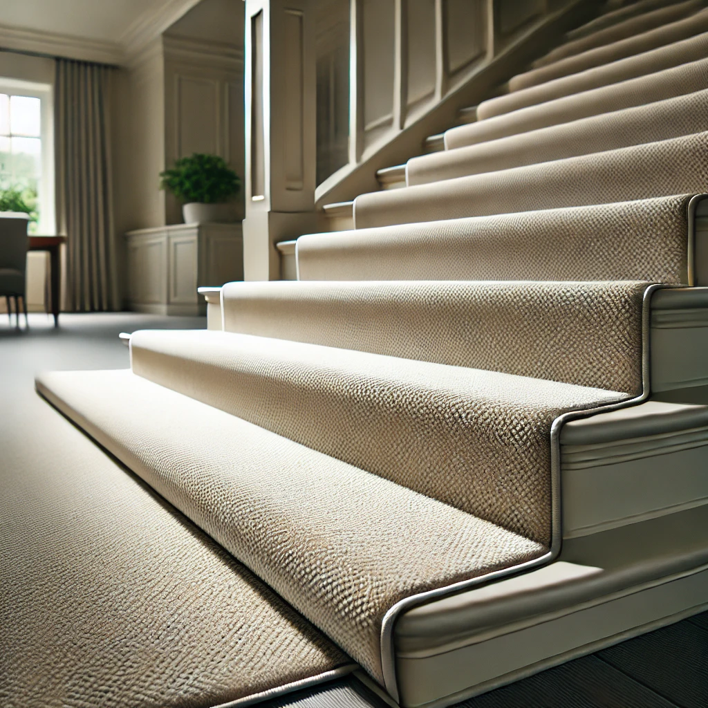 A professionally installed carpet on a staircase